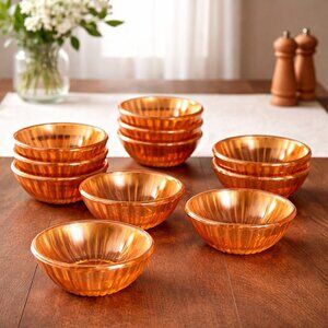 11Small Vintage Carnival Glass Iridescent Marigold Ribbed Dessert Bowls